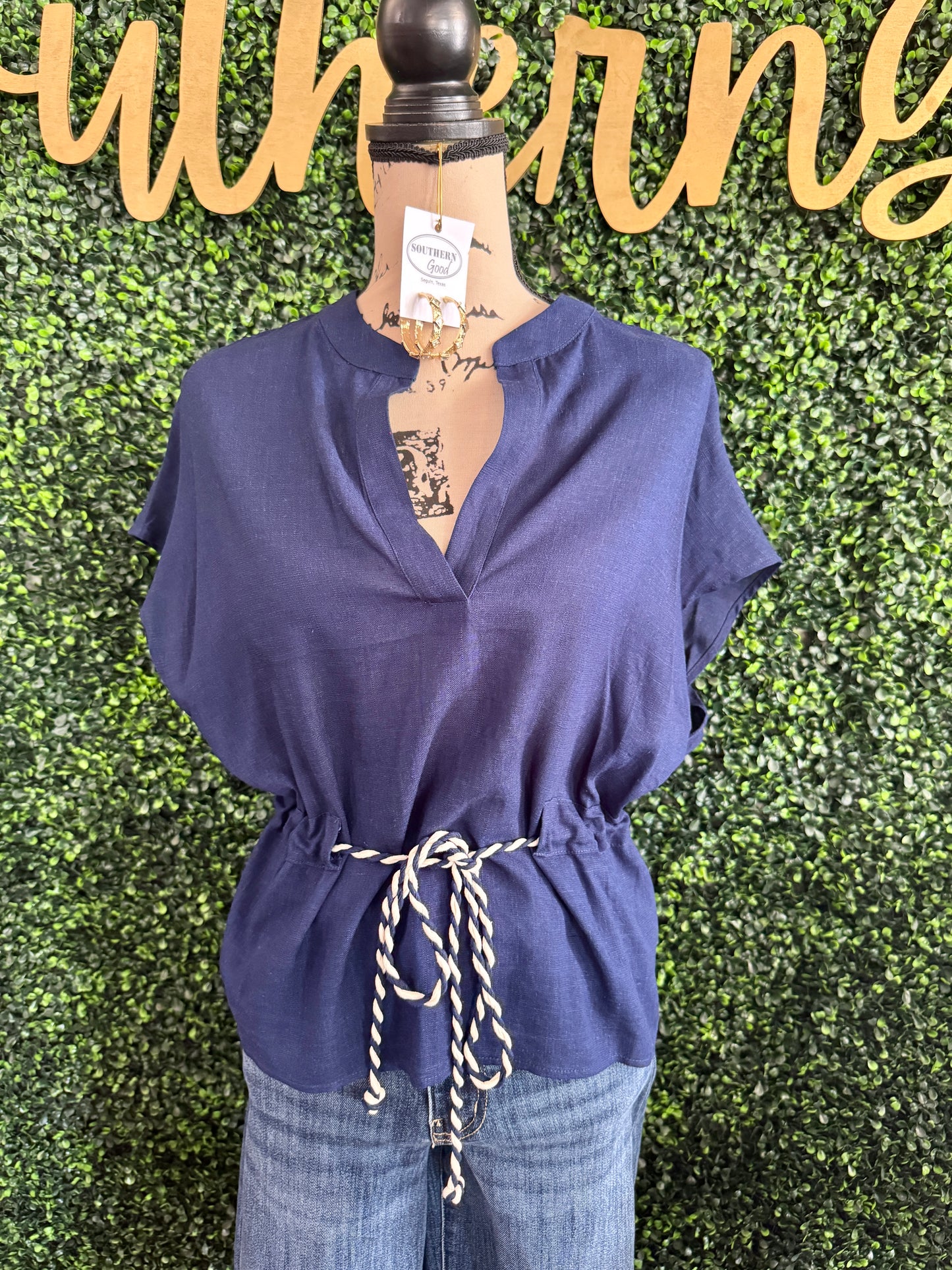 Maye Navy Linen Top